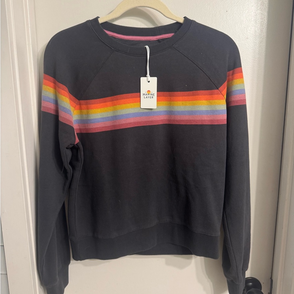 Marine Layer Anytime Sweatshirt Women's Charcoal Sweater with Rainbow Stripes